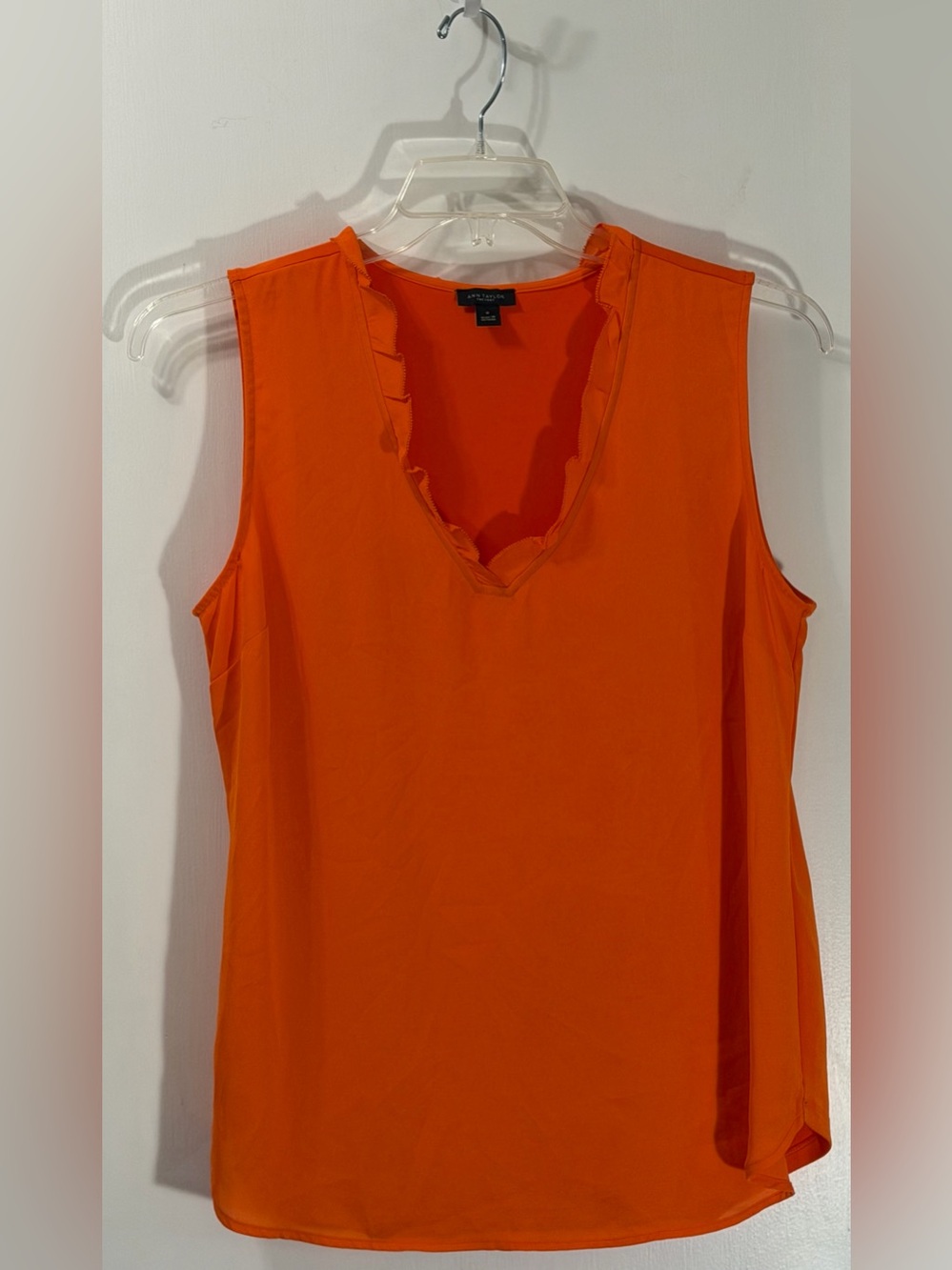Ann Taylor Factory Bright Orange Sleeveless V-Neck Ruffle-Trim Tank